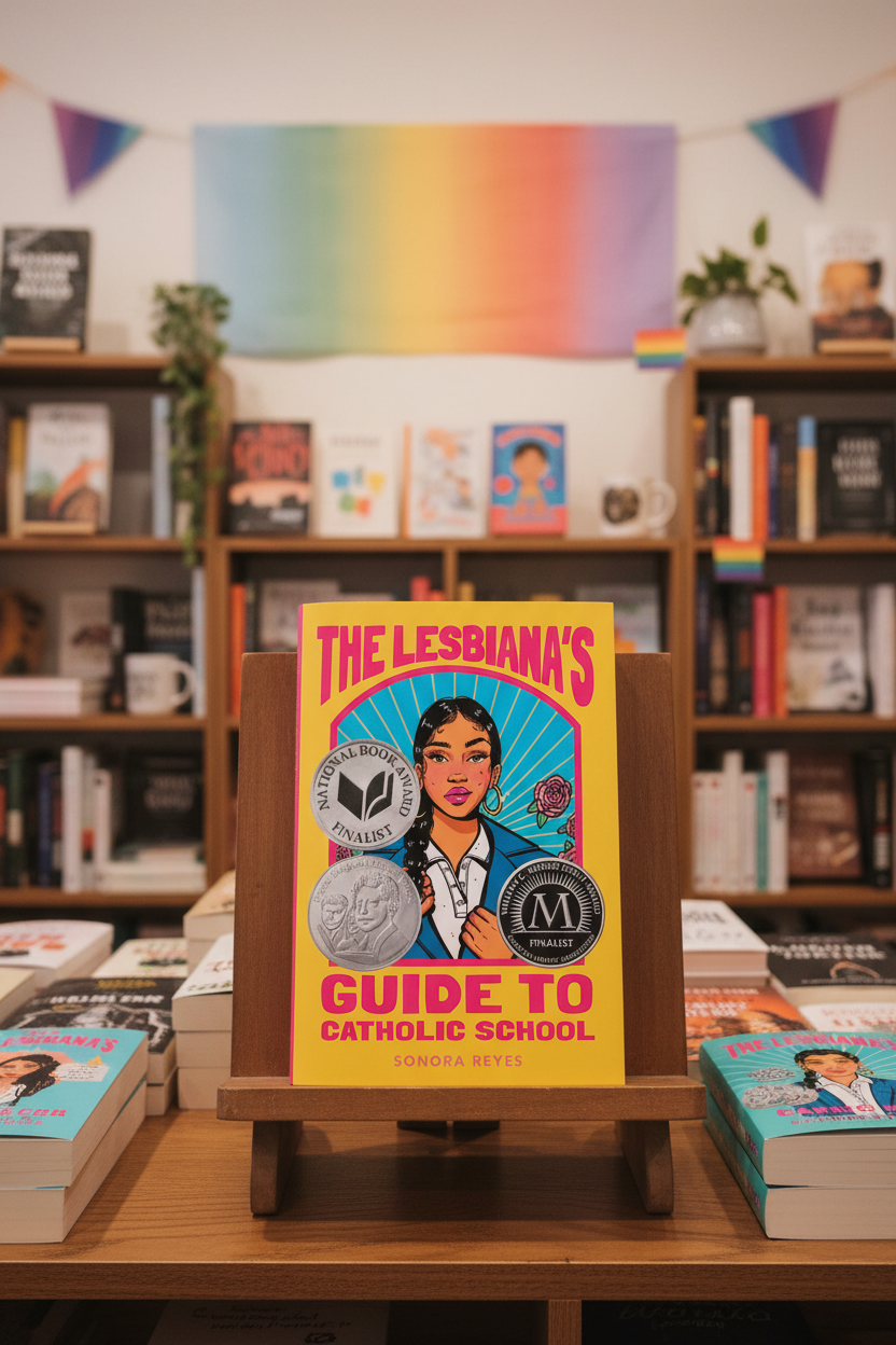 Book cover of 'The Lesbian’s Guide to Catholic School' with a woman holding awards on a yellow background.