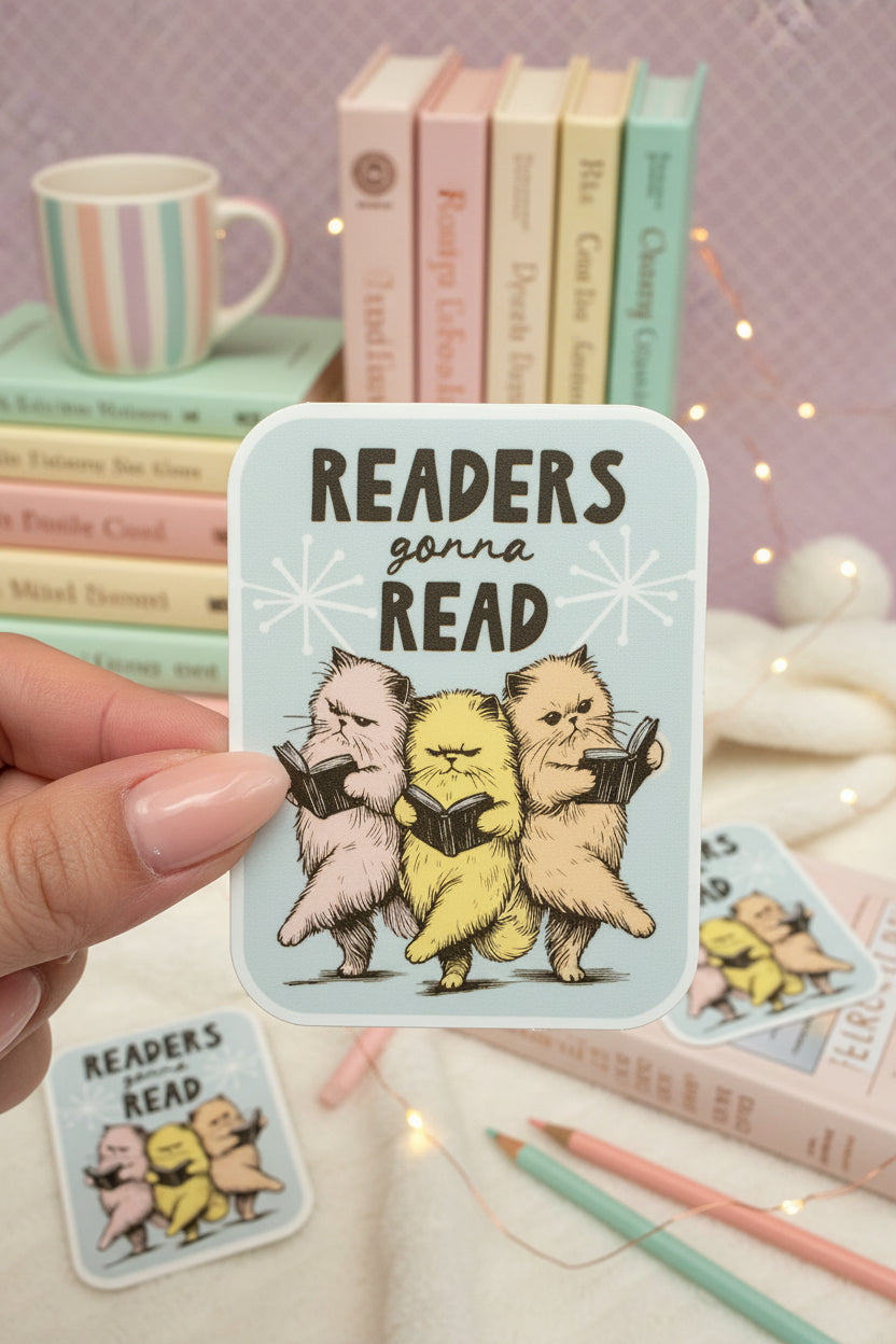 Sticker with cartoon cats holding books and text 'Readers gonna read' on a pink grid background