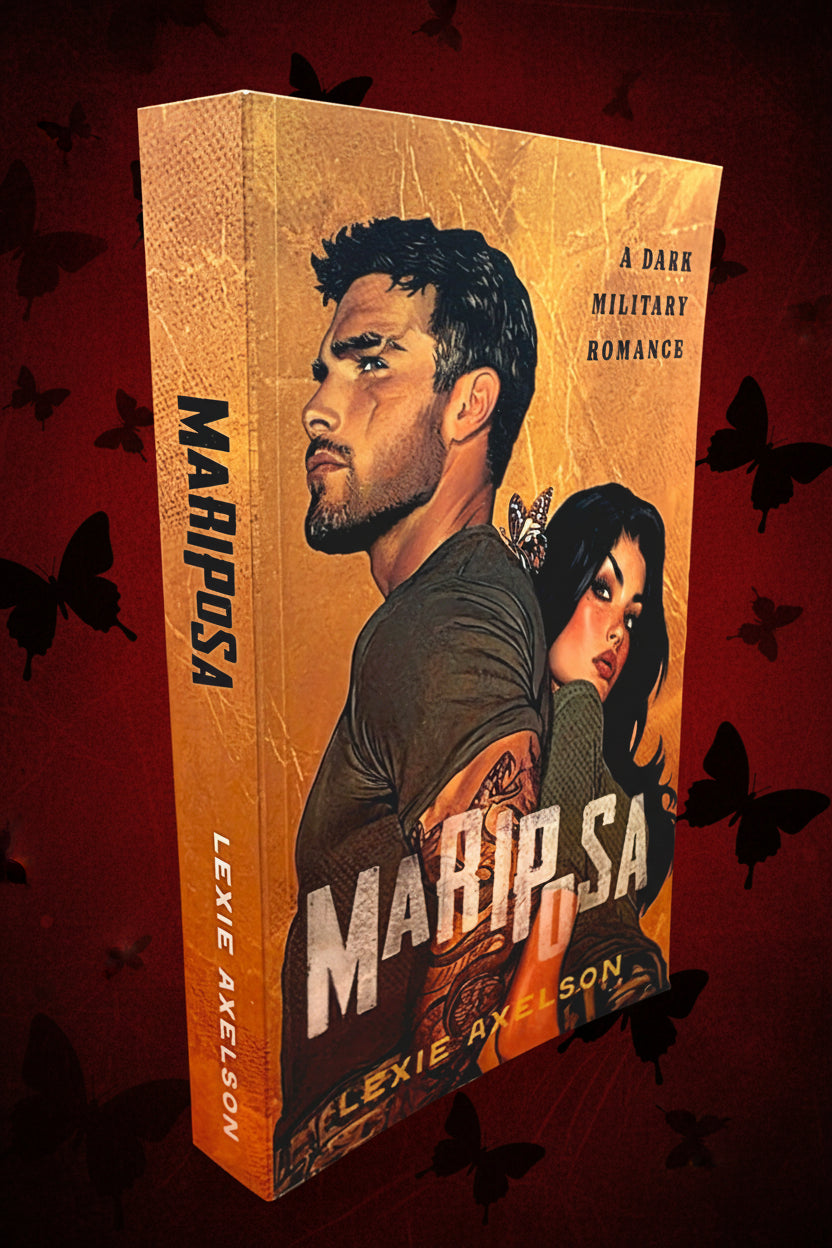 Book titled 'Mariposa' with a cover featuring two characters on a red background