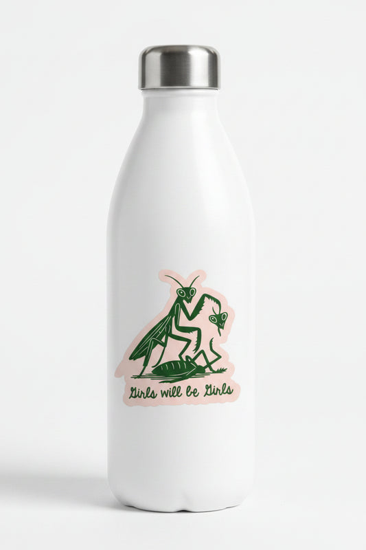Sticker with green praying mantis design and text 'Girls will be Girls' on a light pink background.