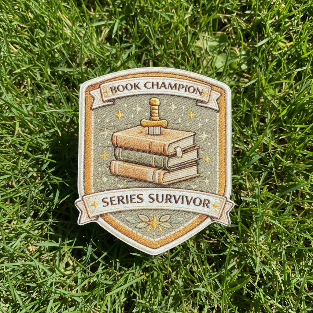 Emblem with 'Book Champion' and 'Series Survivor' text on a pink patterned background
