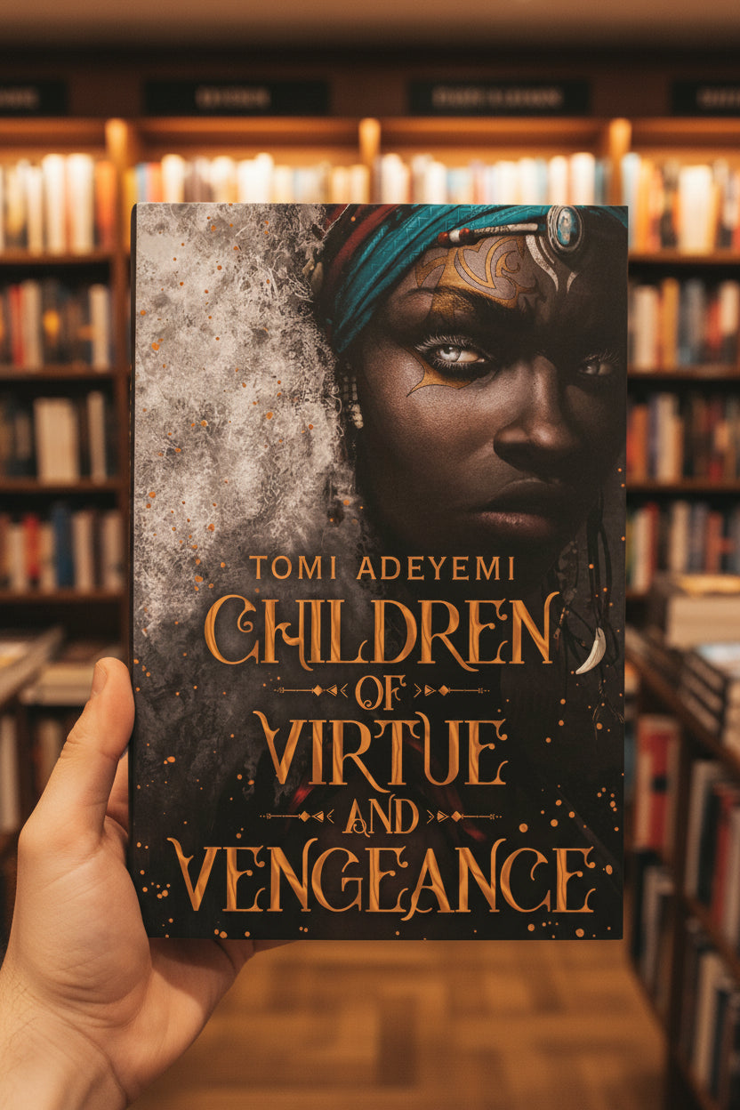 Book cover of 'Children of Virtue and Vengeance' by Tomi Adeyemi featuring a woman's face.