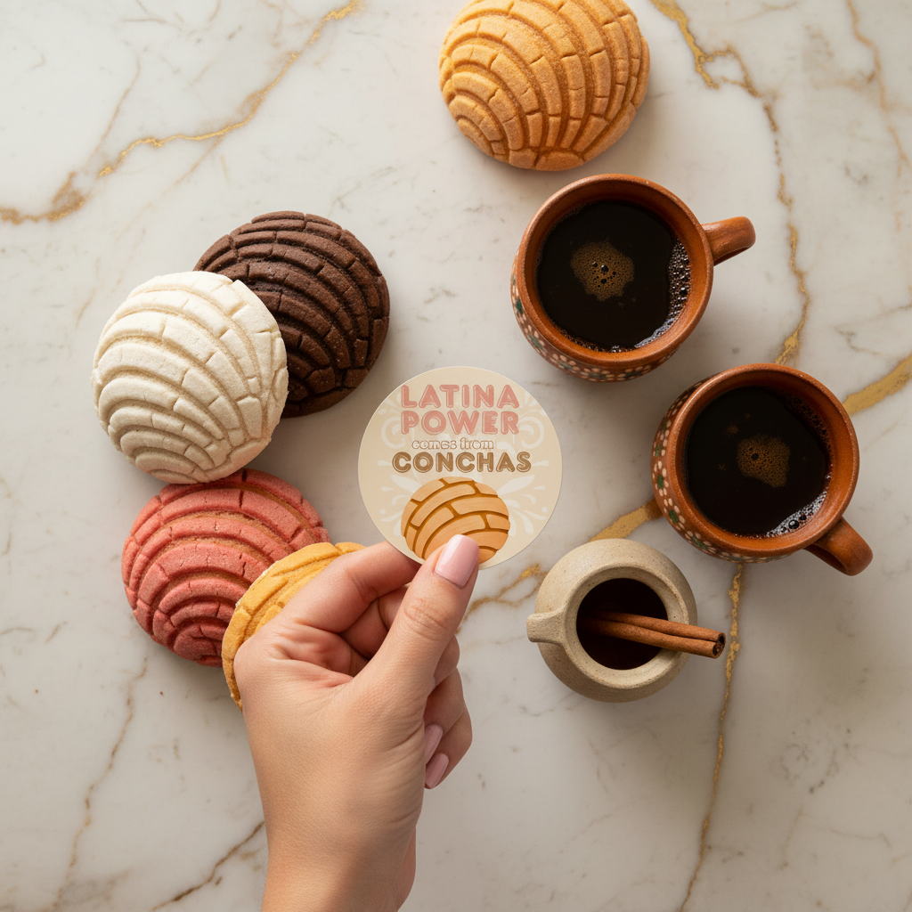 A circular graphic with the text 'LATINA POWER comes from CONCHAS' above an illustrated orange concha, on a light beige background with pale decorative flourishes.