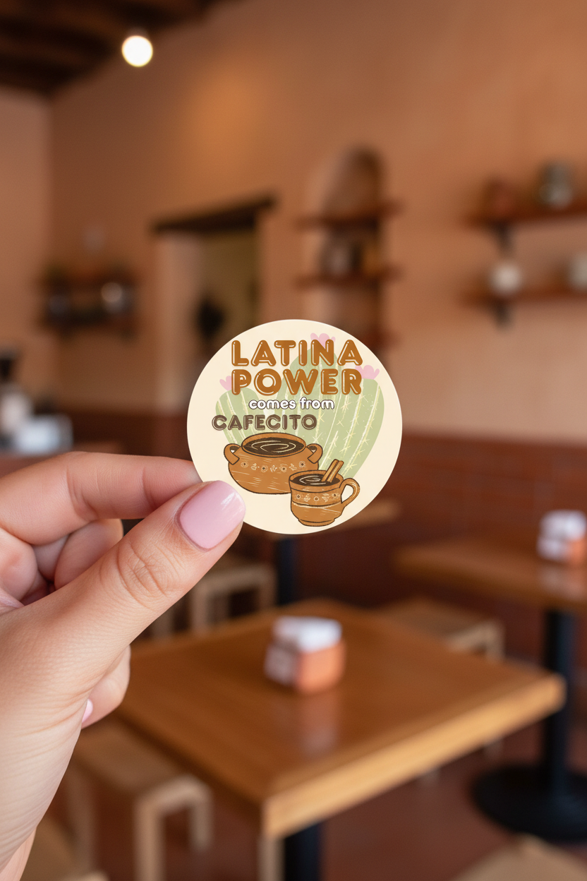 A circular graphic with the words 'LATINA POWER comes from CAFECITO' above an illustration of two brown ceramic cups with coffee, a cactus, and small pink flowers on a cream background.