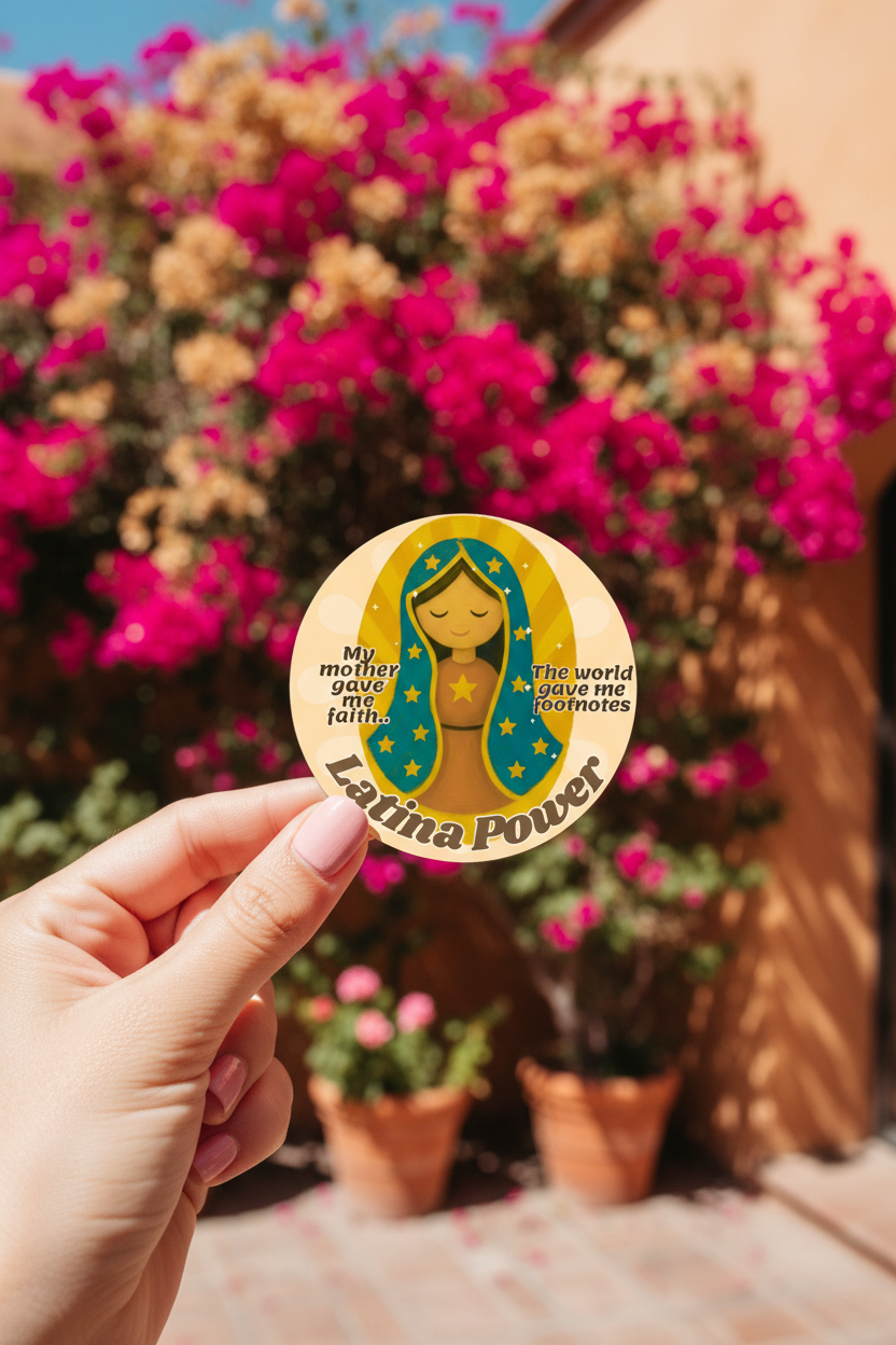 A circular graphic design featuring a stylized Latina woman with closed eyes, wearing a teal blue veil with yellow stars and a brown dress. The text reads 'My mother gave me faith.