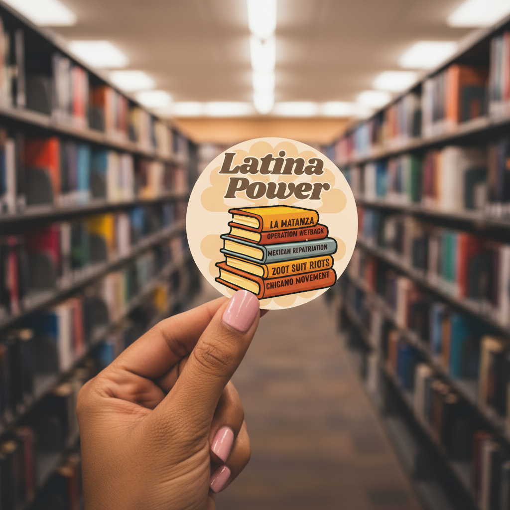 A circular graphic with the words 'Latina Power' above a stack of illustrated books. The books are labeled 'La Matanza', 'Operation Wetback', 'Mexican Repatriation', 'Zoot Suit Riots', and 'Chicano Movement' in brown text.