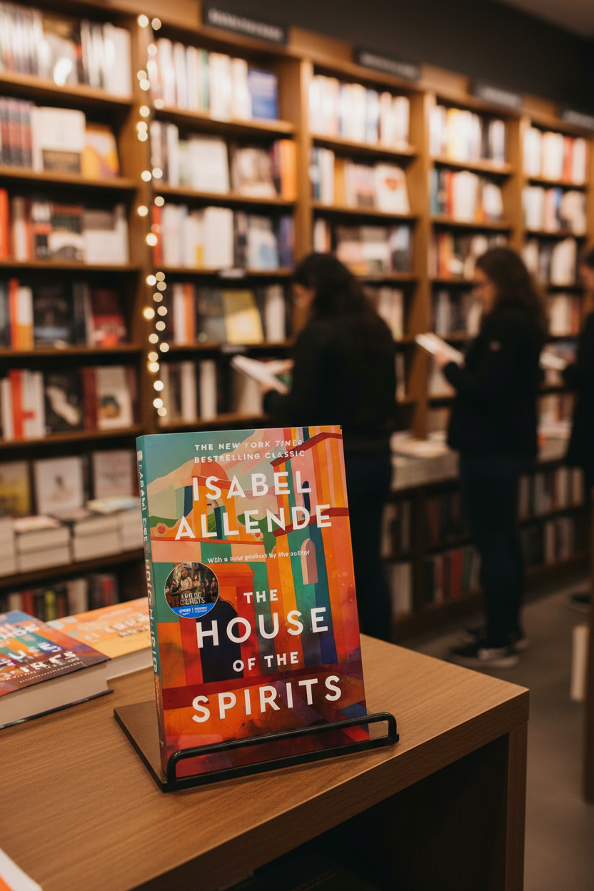 Book 'The House of the Spirits' by Isabel Allende displayed in a bookstore.