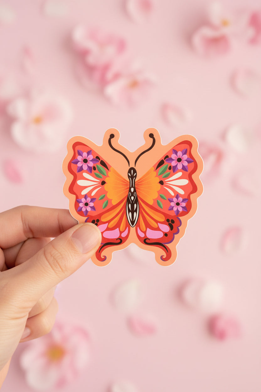 Butterfly-shaped decorative item with floral patterns on a polka dot background