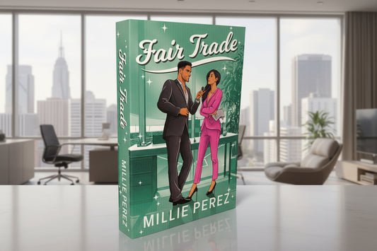 Book titled 'Fair Trade' by Millie Perez with a green cover featuring an illustration of a man and woman.