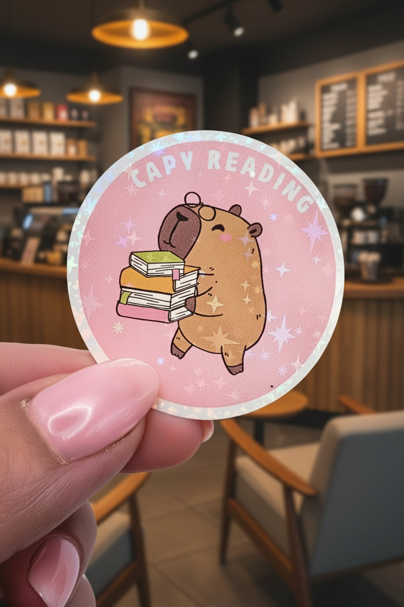 Circular sticker with a cartoon bear holding books and 'Happy Reading' text on a pink background, held by a hand.