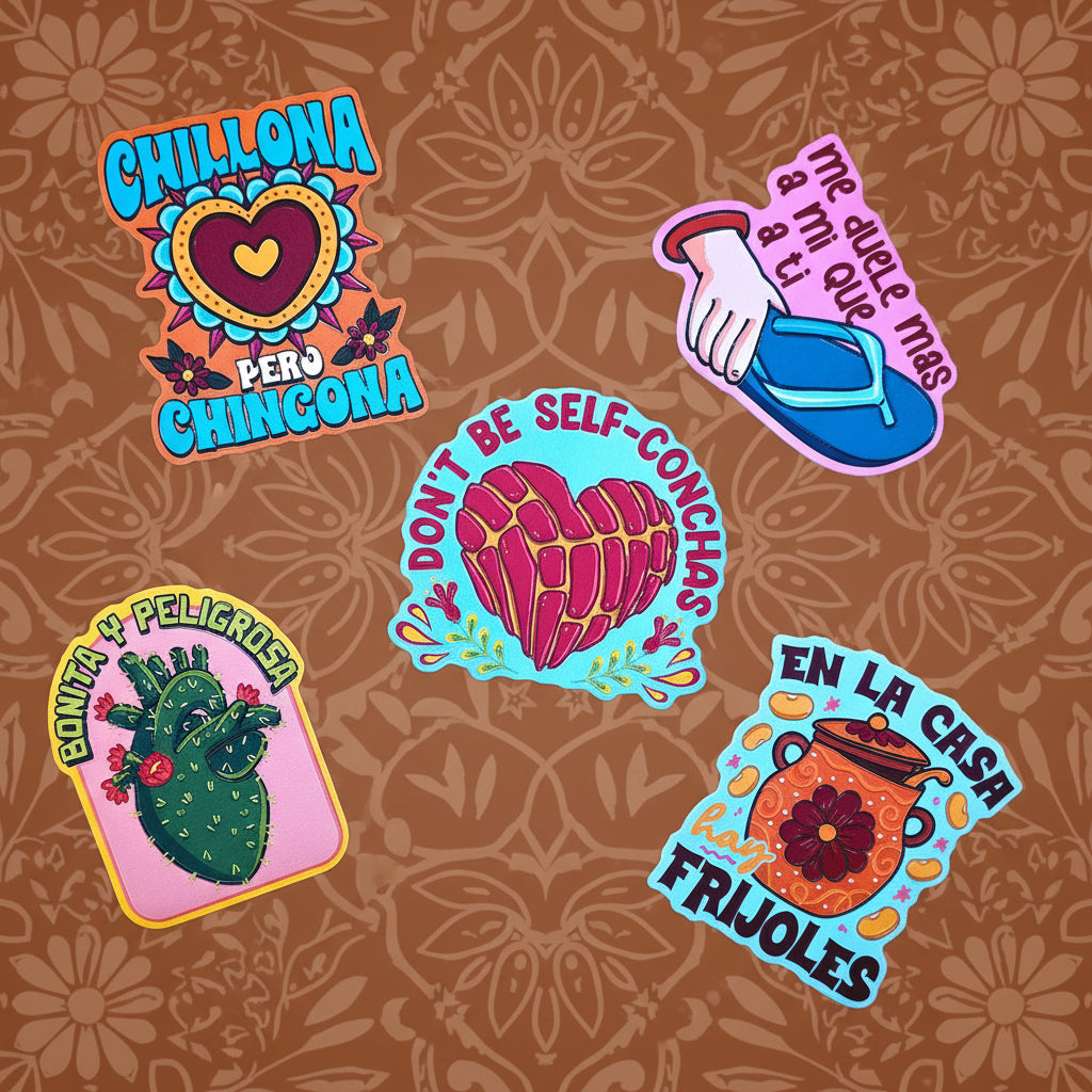 Five colorful die-cut stickers with Mexican-themed designs and text, arranged on a solid yellow background.