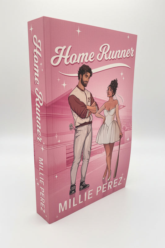 Book titled 'Home Runner' by Millie Perez with a pink cover featuring illustrations of two people.