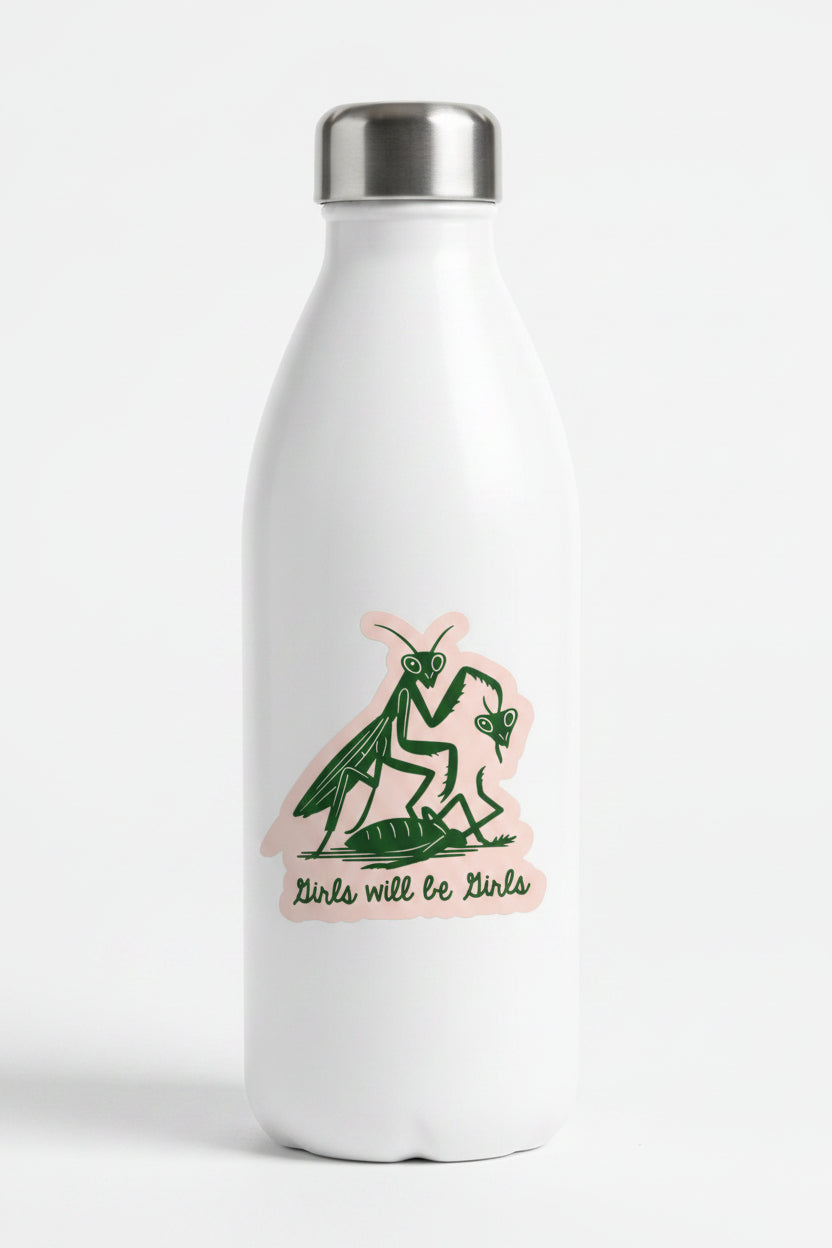 Sticker with green praying mantis design and text 'Girls will be Girls' on a light pink background.