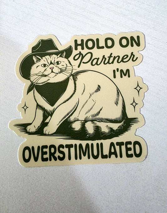 Hold On Partner I'm Over Stimulated Cowboy Cat Sticker