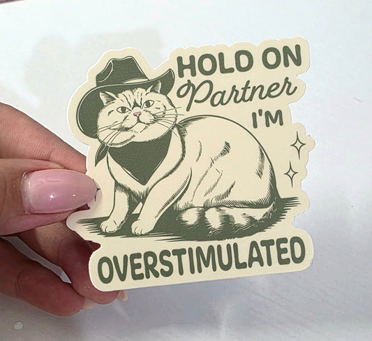 Hold On Partner I'm Over Stimulated Cowboy Cat Sticker