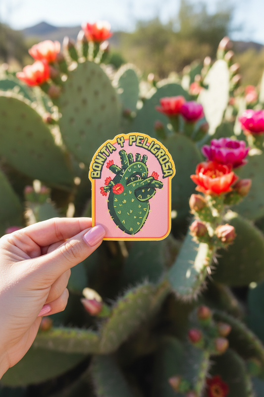 A hand holds a die-cut sticker featuring a pink background with a green cactus and a stylized anatomical heart, surrounded by blurred cactus flowers and pads in an outdoor desert setting.