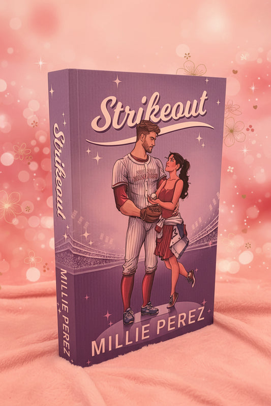 Book titled 'Strikeout' by Millie Perez with a cover illustration of a baseball player and woman on a purple background.