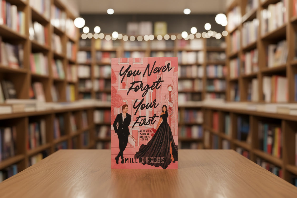 Book titled 'You Never Forget Your First' by Millie Perez on a pink textured  surface with a light blue background.