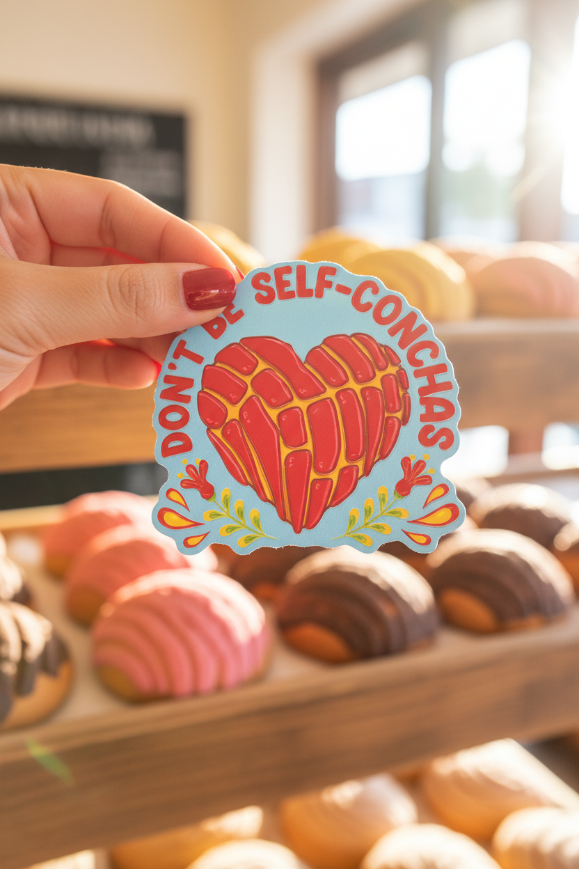 A hand with red nail polish holds a die-cut sticker featuring a red heart-shaped pastry on a light blue background with the text 'DON'T BE SELF-CONCHAS' in red. The background is a warm, softly blurred bakery setting with pastries on wooden shelves.